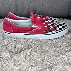 Men’s Vans Shoes Red Flame Black White Checkered Slip On Sneakers Size 11